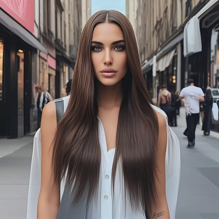 Load video: Wedoo-Remy-Human-Hair-Cosplay-Hair-Extensions-Drak-Brown-Straight-Wig-Display-Video