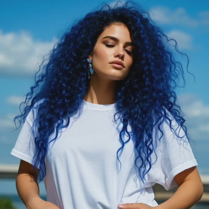 Load video: Wedoo-Remy-Human-Hair-Cosplay-Hair-Extensions-Drak-Blue-Curly-Wig-Display-Video